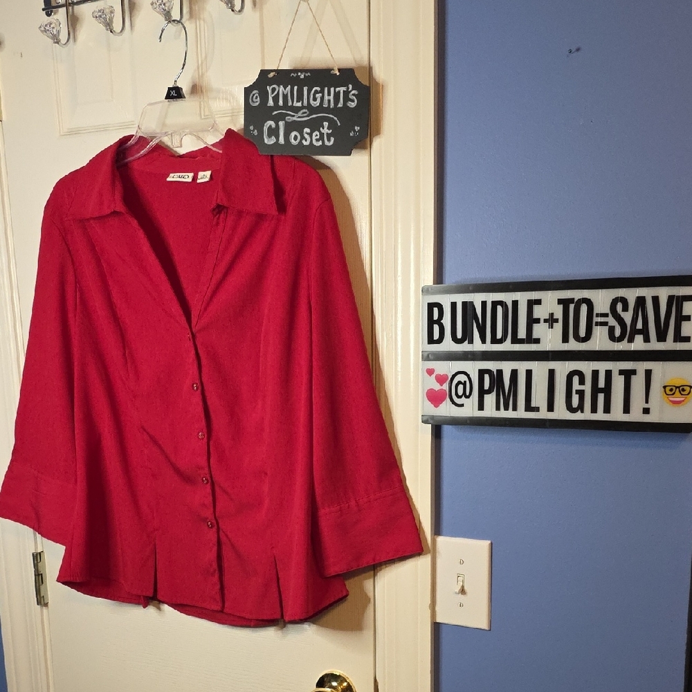 Cato Red Button-Down Blouse Tailored V-Neck XL